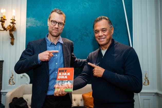 AMSTERDAM , 24-11-2025 , Uitgeverij Prometheus , Book presentation of ˜Het Ajax-DNA™, written by Jop van Kempen and Bas Soetenhorst. Picture shows author Jop van Kempen and sports photographer Stanley Gontha, who provided the images for the book with Pro Shots. Book presentation Het Ajax-DNA  x32187967x Copyright: