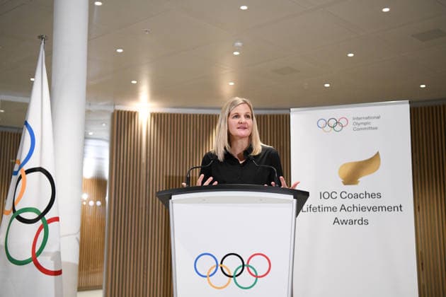 (251125) -- LAUSANNE, Nov. 25, 2025 -- IOC President Kirsty Coventry speaks at the awarding ceremony of the IOC Coaches Lifetime Achievement Award at the Olympic House in Lausanne, Switzerland, Nov. 24, 2025. The International Olympic Committee (IOC) honored Monday Chinese volleyball coach Lang Ping and Cuba s wrestling coach Raul de Jesus Trujillo Diaz as the IOC Coaches Lifetime Achievement Award at the Olympic House here. ) (SP)SWITZERLAND-LAUSANNE-2025 IOC COACHES LIFETIME ACHIEVEMENT AWARD LianxYi 