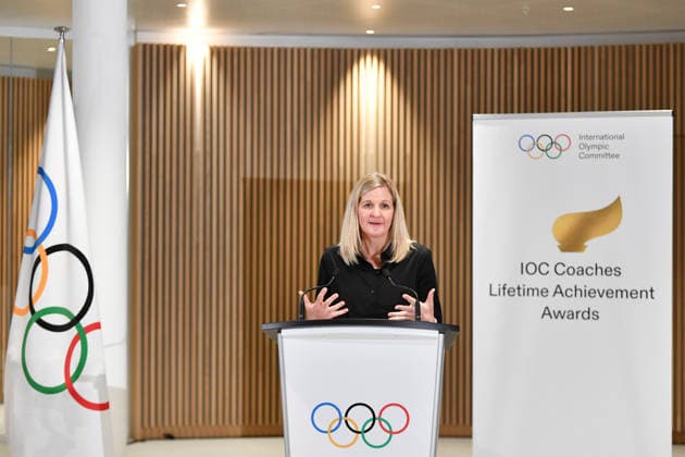 (251125) -- LAUSANNE, Nov. 25, 2025 -- IOC President Kirsty Coventry speaks at the awarding ceremony of the IOC Coaches Lifetime Achievement Award, at the Olympic House in Lausanne, Switzerland, Nov. 24, 2025. The International Olympic Committee (IOC) honored Monday Chinese volleyball coach Lang Ping and Cuba s wrestling coach Raul de Jesus Trujillo Diaz as the IOC Coaches Lifetime Achievement Award at the Olympic House here. ) (SP)SWITZERLAND-LAUSANNE-2025 IOC COACHES LIFETIME ACHIEVEMENT AWARD LianxYi 
