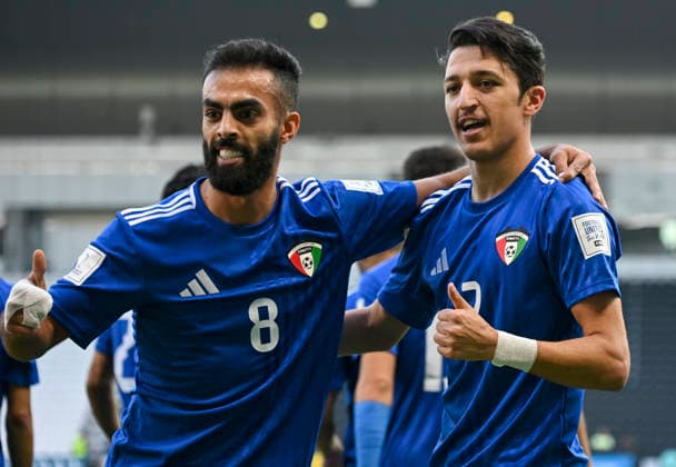 Mauritania v Kuwait : FIFA Arab Cup 2025 Qualification Stage Play-off match Mohammad Daham (R) of Kuwait is celebrating with his teammate after scoring the opening goal FIFA Arab Cup 2025 Qualification Stage Play-off match between Mauritania v Kuwait at Jassim Bin Hamad Stadium in Doha, Qatar, on November 25, 2025. DOHA Qatar Copyright: xNOUSHADxTHEKKAYILx