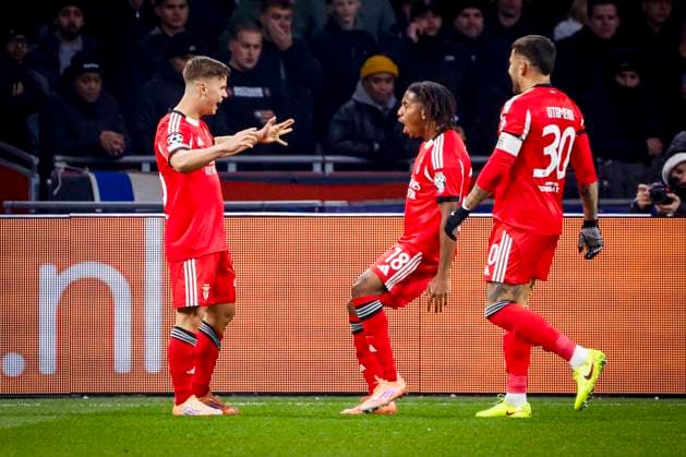 Samuel Dahl of Benfica celebrates with teammates after scoring his teams first goal AFC Ajax v SL Benfica, UEFA Champions League 2025 26 League Phase MD5, AFC Ajax v SL Benfica, Johan Cruijff Arena, November 25, 2025, Amsterdam, Netherlands.