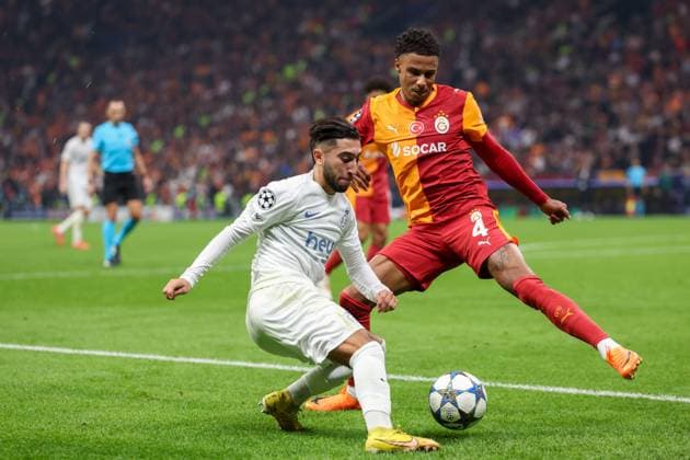 Union s Anouar Ait El Hadj and Galatasaray s Ismail Jakobs fight for the ball during a soccer game between Turkish Galatasaray SK and Belgian Royale Union Saint-Gilloise on Tuesday 25 November 2025 in Istanbul, Turkey, on day 5 of the League phase of the UEFA Champions League tournament. VIRGINIExLEFOUR  x144206758x