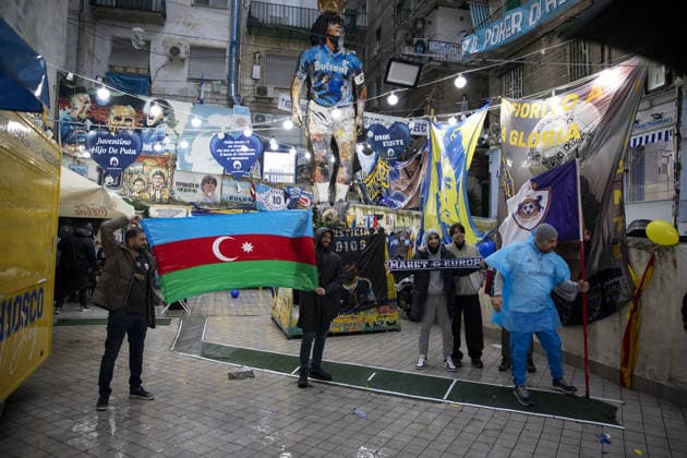 Anniversary of Diego Armando Maradona’s death in Naples NAPLES, ITALY - NOVEMBER 25: People from Azerbaijan are seen during a commemoration organized on the occasion of the fifth anniversary of Diego Armando Maradona death in Naples, Southern Italy on November 25, 2025. Despite the adverse weather conditions, hundreds of people and fans from different parts of the world paid homage to the Argentine soccer legend. Iso Ekle Anadolu Italy Italy. Editorial use only. Please get in touch for any other usage.  Copyright: x2025xAnadoluxIsoxEklex