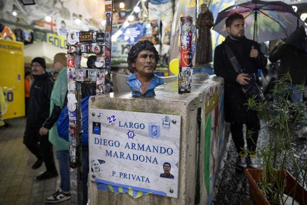 Anniversary of Diego Armando Maradona’s death in Naples NAPLES, ITALY - NOVEMBER 25: People are seen during a commemoration organized on the occasion of the fifth anniversary of Diego Armando Maradona death in Naples, Southern Italy on November 25, 2025. Despite the adverse weather conditions, hundreds of people and fans from different parts of the world paid homage to the Argentine soccer legend. Iso Ekle Anadolu Italy Italy. Editorial use only. Please get in touch for any other usage.  Copyright: x2025xAnadoluxIsoxEklex
