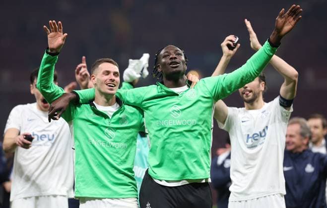 Union s Raul Florucz and Union s Promise David celebrate after winning a soccer game between Turkish Galatasaray SK and Belgian Royale Union Saint-Gilloise on Tuesday 25 November 2025 in Istanbul, Turkey, on day 5 of the League phase of the UEFA Champions League tournament. VIRGINIExLEFOUR  x144222162x