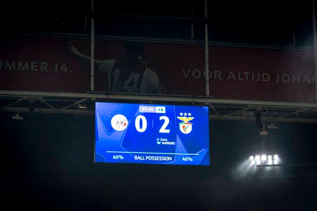 Scorebord with the 0-2 during the match FOOTBALL - CHAMPIONS LEAGUE - AJAX vs BENFICA at the Johan Cruijff ArenA for the Champions League - League phase - Matchday 5 season 2025-2026 in AMSTERDAM, Netherlands on 25 November 2025, (photo by Stefan Koops EYE4images DeFodi Images)