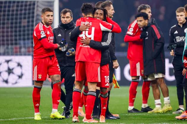 Leandro Barreiro of Benfica celebrates with Tomas Araujo of Benfica after the final whistle AFC Ajax v SL Benfica, UEFA Champions League 2025 26 League Phase MD5, AFC Ajax v SL Benfica, Johan Cruijff Arena, November 25, 2025, Amsterdam, Netherlands.