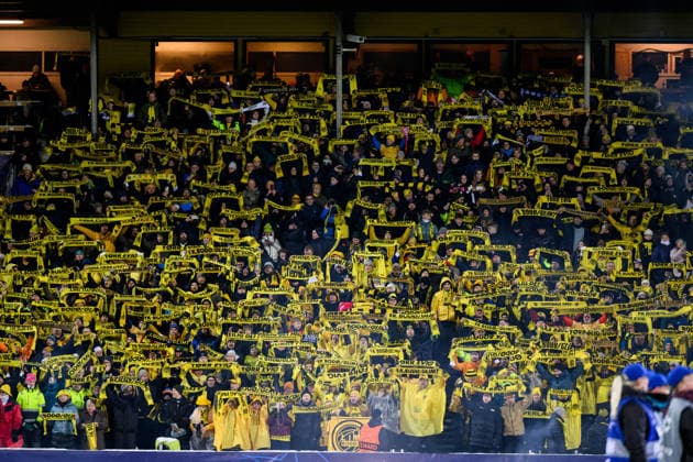 251125 Supporters of Bodo Glimt during the UEFA Champions League football match between Bodo Glimt and Juventus on November 25, 2025 in Bodo. Photo: Marius Simensen BILDBYRAN COP 238 MM0049 bbeng football fotball fotboll soccer uefa champions league mesterligaen bodo glimt juventus publik Copyright: MARIUSxSIMENSEN BB251125BB745