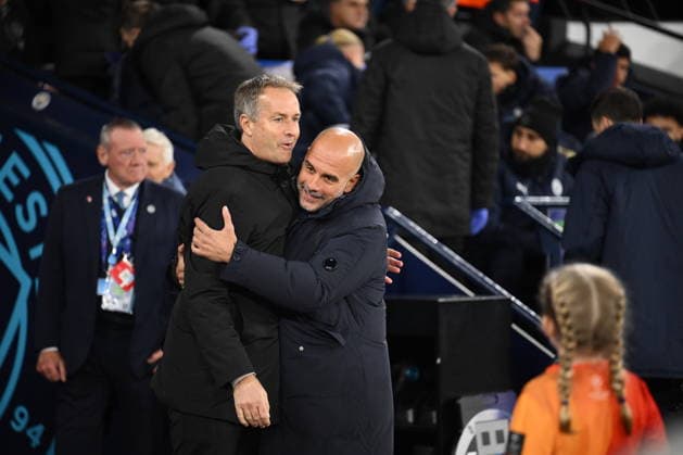 UEFA Champions League: Manchester City vs. Bayer 04 Leverkusen; 25.11.2025 MANCHESTER, GREAT BRITAIN - NOVEMBER 25: Manager of Manchester City Pep Guardiola and Manager of Bayer Leverkusen Kasper Hjulmand prior to the UEFA Champions League match between Manchester City vs. Bayer 04 Leverkusen at Etihad Stadium on matchday 5 of the UEFA Champions League Season 2025 26 on November 25, 2025 in Manchester, Great Britain. Copyright: xBEAUTIFULxSPORTS Mansoorx