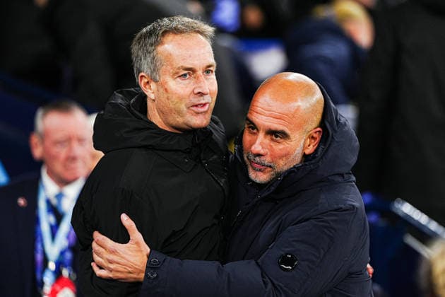 Kasper Hjulmand (Bayer 04 Leverkusen, Trainer), Josep Pep Guardiola (Manchester City, Trainer) ENG, Manchester City vs. Bayer 04 Leverkusen, Fussball, UEFA Champions League, Spieltag 5, Spielzeit 2025 2026, 25.11.2025 ENG, Manchester City vs. Bayer 04 Leverkusen, Fussball, UEFA Champions League, Spieltag 5, Spielzeit 2025 2026, 25.11.2025 Manchester Copyright: xEibner-Pressefoto MarcelxvonxFehrnx EP_MFN