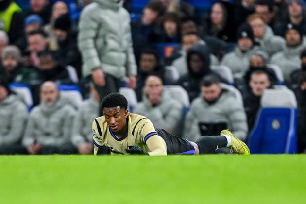 Alejandro Balde FC Barcelona, Barca looks dejected on the ground during the UEFA Champions League 2025 26 League Phase MD5 match between Chelsea FC and FC Barcelona at Stamford Bridge on November 25, 2025 in London, United Kingdom. (Photo by Harry Langer DeFodi Images)