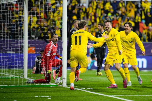 Champions League 2025 2026 Bodo Glimt Juventus Bodo 20251125 Ole Didrik Blomberg and Fredrik Bjorkan after the 1 0 score in the Champions League football match between Bodo Glimt and Juventus at Aspmyra Stadium Photo Stian Lysberg Solum NTB Bodo Norway EDITORIAL USE ONLY RESTRICTED USE FOR BETTING COMPANIES  Copyright: xStianxLysbergxSolumx xNTBx