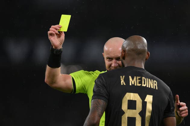 25th November 2025, Stadio Diego Armando Maradona, Naples, Italy; UEFA Champions League Football; Napoli versus Qarabag; Referee Szymon Marciniak issues a yellow card to Kevin Medina of Qarabag  AllShotLive