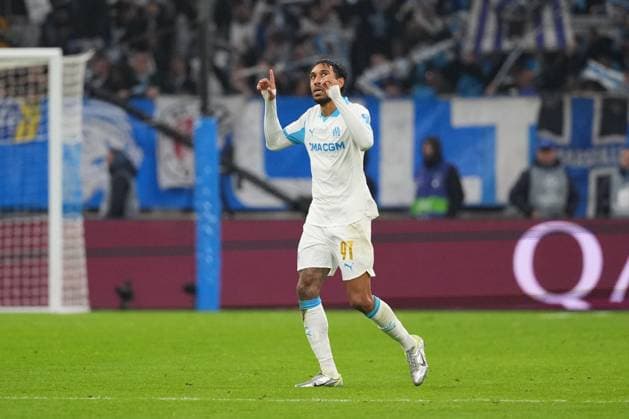 Pierre-Emerick Aubameyang of Marseille celebrates after he makes the score 1-1 Marseille v Newcastle United, UEFA Champions League, Group Stage, Football, Orange Velodrome, Marseille, France- 25 Nov 2025Marseille Orange Vélodrome France EDITORIAL USE ONLY No use with unauthorised audio, video, data, fixture lists, club league logos or live services. Online in-match use limited to 120 images, no video emulation. No use in betting, games or single club league player publications.  Copyright: xDavexWinter Shutterstockx 15918266bn
