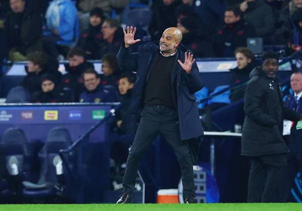 Manchester City manager Pep Guardiola reacts in anger Manchester City v Bayer 04 Leverkusen, UEFA Champions League, Group Stage, Football, Etihad Stadium, Manchester, UK- 25 Nov 2025Manchester Etihad Stadium United Kingdom EDITORIAL USE ONLY No use with unauthorised audio, video, data, fixture lists, club league logos or live services. Online in-match use limited to 120 images, no video emulation. No use in betting, games or single club league player publications. Copyright: xMattxWest Shutterstockx 15927904ab