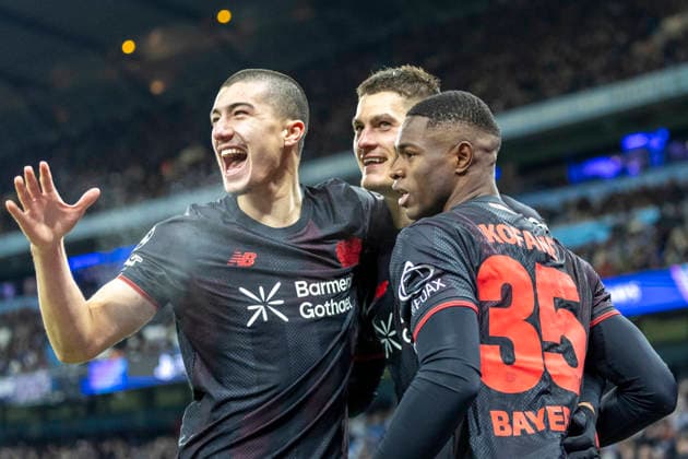25th November 2025; Etihad Stadium, Manchester, England; UEFA Champions League Football, Manchester City versus Bayer Leverkusen; b3o celebrates the 54th minute goal by Patrik Schick to make the score 2-0  TimxWilliams