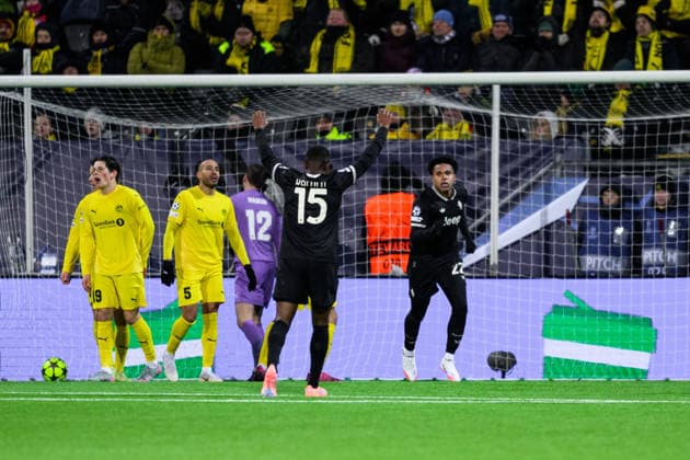 251125 Weston McKennie of Juventus celebrates after scoring 1-2 during the UEFA Champions League football match between Bodo Glimt and Juventus on November 25, 2025 in Bodo. Photo: Marius Simensen BILDBYRAN COP 238 MM0049 bbeng football fotball fotboll soccer uefa champions league mesterligaen bodo glimt juventus jubel Copyright: MARIUSxSIMENSEN BB251125ZA003