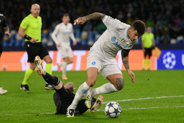 Marko Jankovic of Qarabag makes a penalty foul on Giovanni Di Lorenzo of SSC Napoli during the UEFA Champions League 2025 2026 football match between SSC Napoli and Qarabag FK at Diego Armando Maradona stadium in Naples (Italy), November 25, 2025. AndreaxStaccioli