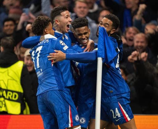 Chelsea v FC Barcelona, Barca UEFA Champions League EstÃªvao of Chelsea celebrates scoring his first goal and the team™s second against FC Barcelona during the UEFA Champions League match at Stamford Bridge, London UK Newspapers OUT Copyright: xGraemexWilcocksonx FIL-22549-0068