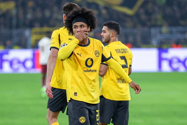 25.11.2025, Fußball, UEFA Champions League, Borussia Dortmund - FC Villarreal, BVB Stadion, 5. Spieltag, Saison 2025 2026: Torjubel nach dem Tor zum 3:0 durch Torschütze Karim Adeyemi (BVB 27) Regulations prohibit any use of photographs as image sequences and or quasi-video. Nordrhein-Westfalen Deutschland