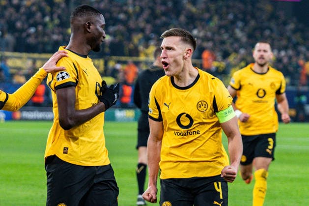 25.11.2025, Borussia Dortmund vs. Villareal, UEFA Champions League, 5. Spieltag Tor zum 2:0 durch Serhou Guirassy (Borussia Dortmund, 9) Daniel Svensson (Borussia Dortmund, 24) Nico Schlotterbeck (Borussia Dortmund, 4) Regulations prohibit any use of photographs as image sequences and or quasi video Copyright: xBahhoxKarax