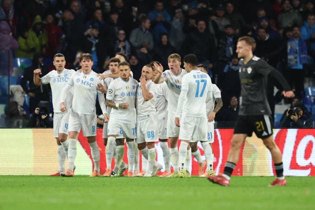Scott McTominay of SSC Napoli celebrates with team mates after scoring the goal of 1-0 during the UEFA Champions League 2025 2026 football match between SSC Napoli and Qarabag FK at Diego Armando Maradona stadium in Naples (Italy), November 25th, 2025. cesarexpurini