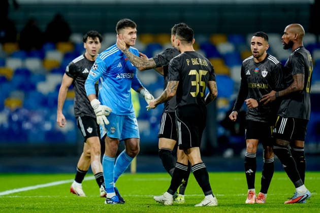 SSC Napoli v Qarabag - UEFA Champions League 2025 26 League Phase MD5 Mateusz Kochalski of Qarabag FK celebrates saving the penalty kick on Rasmus Hojlund of SSC Napoli during the UEFA Champions League 2025 26 League Phase MD5 match between SSC Napoli and Qarabag FK at Stadio Diego Armando Maradona on November 25, 2025 in Naples, Italy. Neaples Stadio Diego Armando Maradona Campania Italy Copyright: xGiuseppexMaffiax 251125_UCL_Napoli-Qarabag_1743