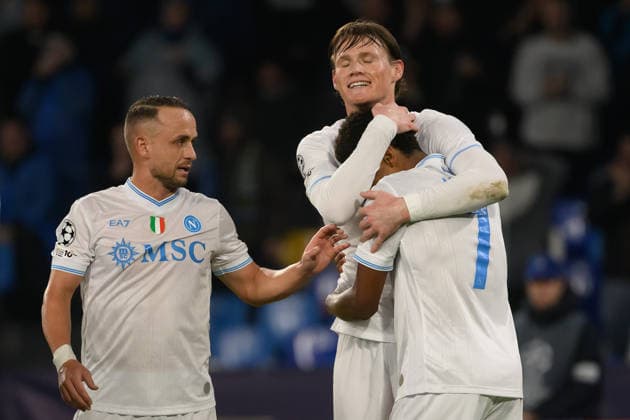Scott McTominay of SSC Napoli celebrates with David Neres and Stanislav Lobotka after scoring the goal of 2-0 during the UEFA Champions League 2025 2026 football match between SSC Napoli and Qarabag FK at Diego Armando Maradona stadium in Naples (Italy), November 25, 2025. AndreaxStaccioli