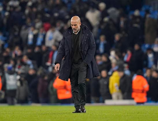 Manchester, England, 25th November 2025. Dejected Pep Guardiola coach of Manchester City during the Manchester City vs Bayer Leverkusen UEFA Champions League match at the Etihad Stadium, Manchester. Picture credit should read: Andrew Yates Sportimage EDITORIAL USE ONLY. No use with unauthorised audio, video, data, fixture lists, club league logos or live services. Online in-match use limited to 120 images, no video emulation. No use in betting, games or single club league player publications. SPI_078_AY_Man_City_Leverkusen SPI-4309-0114