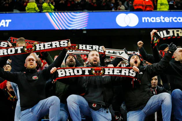 Manchester City v Bayer Leverkusen, Manchester, UK - 25 November 2025 Bayer Leverkusen fans following victory in the UEFA Champions League match between Manchester City and Bayer Leverkusen at The Etihad Stadium on 25 November 2025 in Manchester, England (Photo by Steve Taylor PPAUK) Manchester The Etihad Stadium Greater Manchester England Copyright: xStevexTaylor PPAUKx PPA-231786