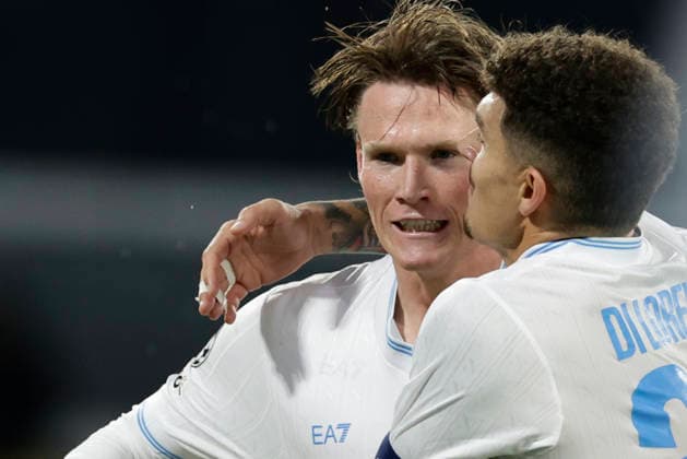 UCL MD5 SSC Napoli vs Qarabag Napoli s Scottish midfielder Scott McTominay celebrates after scoring a goal during match UEFA Champions League 2025 26 League Phase MD5 SSC Napoli vs Qarabag Futbol Klubuat Stadio Maradona on November 25, 2025 in Naples. _BPH0305 Copyright: xAntonioxBalascox