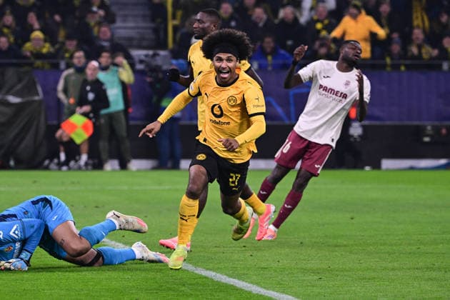 Torjubel zum 3:0 durch Karim Adeyemi 27 (Borussia Dortmund), Borussia Dortmund vs. FC Villarreal, Fussball, Champions League, Gruppenphase, Matchday 5, 25.11.2025 Dortmund Nordrhein-Westfalen Deutschland