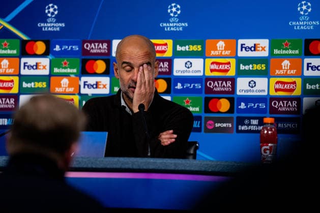 MANCHESTER, ENGLAND - NOVEMBER 25: Manchester City head coach Pep Guardiola attends a press conference, PK, Pressekonferenz after the UEFA Champions League 2025 26 League Phase MD5 match between Manchester City and Bayer 04 Leverkusen at City of Manchester Stadium on November 25, 2025 in Manchester, England. (Photo by Rene Nijhuis) SPO  Copyright: xRenexNijhuis