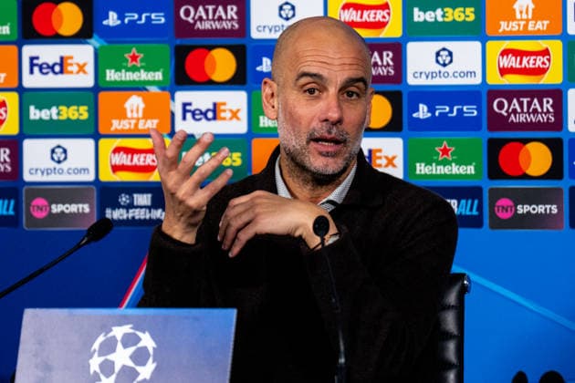 MANCHESTER, ENGLAND - NOVEMBER 25: Manchester City head coach Pep Guardiola attends a press conference, PK, Pressekonferenz after the UEFA Champions League 2025 26 League Phase MD5 match between Manchester City and Bayer 04 Leverkusen at City of Manchester Stadium on November 25, 2025 in Manchester, England. (Photo by Rene Nijhuis) SPO  Copyright: xRenexNijhuis