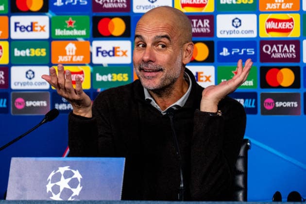 MANCHESTER, ENGLAND - NOVEMBER 25: Manchester City head coach Pep Guardiola attends a press conference, PK, Pressekonferenz after the UEFA Champions League 2025 26 League Phase MD5 match between Manchester City and Bayer 04 Leverkusen at City of Manchester Stadium on November 25, 2025 in Manchester, England. (Photo by Rene Nijhuis) SPO  Copyright: xRenexNijhuis