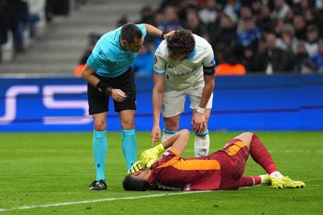 Goalkeeper Geronimo Rulli of Marseille goes down injured Marseille v Newcastle United, UEFA Champions League, Group Stage, Football, Orange Velodrome, Marseille, France- 25 Nov 2025Marseille Orange Vélodrome France EDITORIAL USE ONLY No use with unauthorised audio, video, data, fixture lists, club league logos or live services. Online in-match use limited to 120 images, no video emulation. No use in betting, games or single club league player publications. Copyright: xDavexWinter Shutterstockx 15918266jh