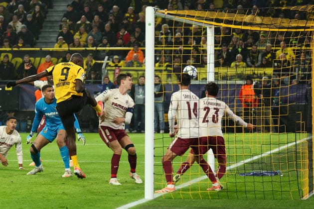 (251126) -- DORTMUND, Nov. 26, 2025 -- Serhou Guirassy (3rd L) of Borussia Dortmund shoots to score during the UEFA Champions League group stage 5th round match between Borussia Dortmund and Villarreal CF in Dortmund, Germany, Nov. 25, 2025. (Photo by Xinhua) (SP)GERMANY-DORTMUND-FOOTBALL-UEFA CHAMPIONS LEAGUE-DORTMUND VS VILLARREAL CF JoachimxBywaletz 