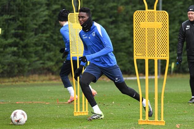 Genk s Ibrahima Sory Bangoura pictured in action during a training session of Belgian soccer team KRC Genk, on Wednesday 26 November 2025, in Genk. The team prepares for tomorrow s match against Swiss FC Basel, fifth game (out of 8) in the league phase of the UEFA Europa League competition. JILLxDELSAUX  x144371774x