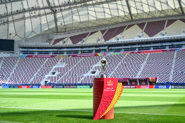 SOCCER - 2025 FIFA U17, U 17 World Cup DOHA,QATAR,26.NOV.25 - SOCCER - FIFA Under 17 World Cup Qatar 2025, preview, press conference, PK, Pressekonferenz final, Portugal vs Austria. Image shows the trophy.  GEPAxpictures xRanjithxKumar