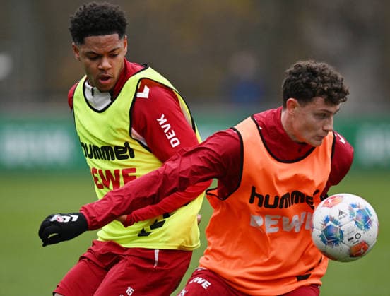 26.11.2025, xophax, Fussball 1.Bundesliga, 1.FC Koeln Training Yannick Mausehund , links und Eric Martel , rechts ( beide 1.FC Köln ) Koeln