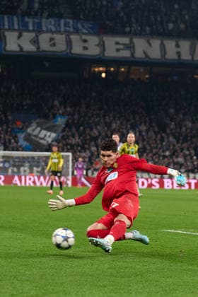 Temirlan Anarbekov kicks the ball outside the area during the Champions League match between FC Copenhagen and FC Kairat at Parken on November 26, 2025 in Copenhagen, Denmark (Photo by Camilla Stolen Imago) Copenhagen Denmark Copyright: xCamillaxStolenx L1093881