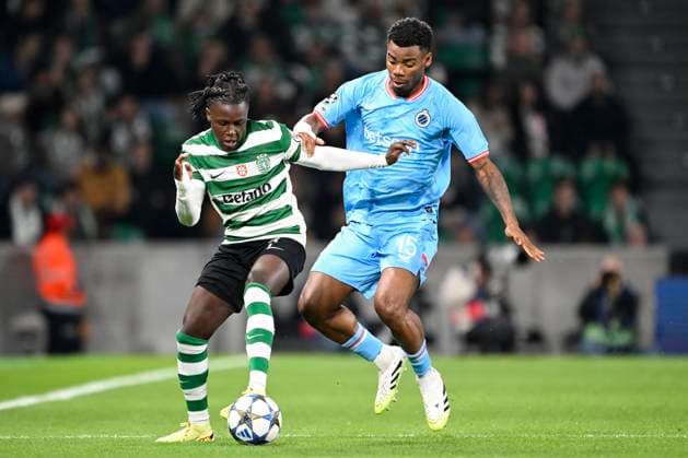 Sporting CP v Club Brugge - UEFA Champions League LISBON, PORTUGAL - NOVEMBER 26 : Quenda Geovany forward of Sporting CP and Ordonez Joel defender of Club Brugge during the UEFA Champions League 2025 26 League Phase MD5 match between Sporting CP and Club Brugge on November 26, 2025 in Lisbon, Portugal, 26 11 2025 Lisbon Portugal  Copyright: xNicoxVereeckenx