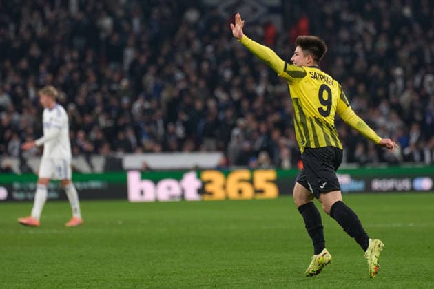 Dastan Satpayev of FC Kairat celebrates his goal during the Champions League match between FC Copenhagen and FC Kairat at Parken on November 26, 2025 in Copenhagen, Denmark (Photo by Camilla Stolen Imago) Copenhagen Denmark Copyright: xCamillaxStolenx L1094177