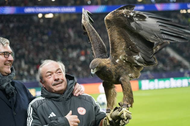 Axel Hellmann mit Eintracht Maskottchen Steinadler Attila und Falkner Norbert Lawitschka - Frankfurt 26.11.2025: Eintracht Frankfurt vs. Atalanta Bergamon, Deutsche Bank Park, Champions League 5. Spieltag
