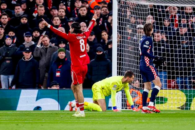 Dominik Szoboszlai of Liverpool FC celebrates after scoring his teams first goal Liverpool FC v PSV Eindhoven, UEFA Champions League 2025 26 League Phase MD5, Liverpool FC v PSV Eindhoven, Anfield, November 26, 2025, Liverpool, United Kingdom.