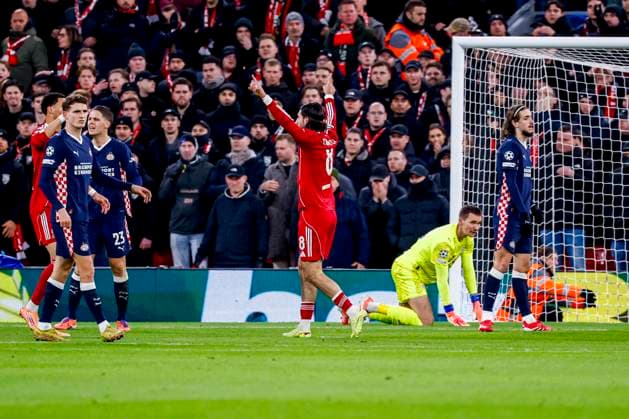 Dominik Szoboszlai of Liverpool FC celebrates after scoring his teams first goal Liverpool FC v PSV Eindhoven, UEFA Champions League 2025 26 League Phase MD5, Liverpool FC v PSV Eindhoven, Anfield, November 26, 2025, Liverpool, United Kingdom.