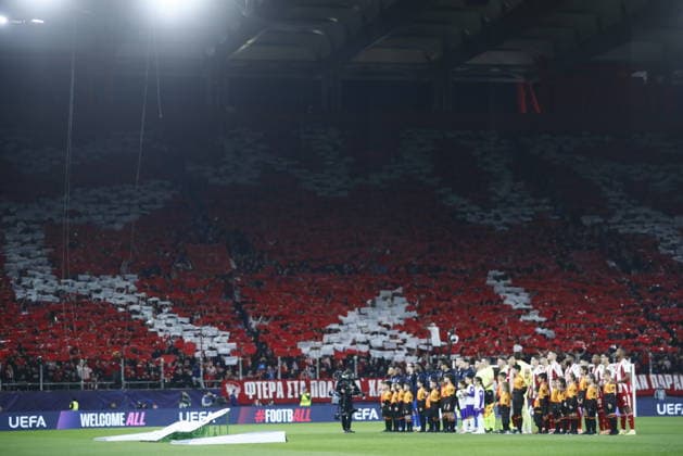 UEFA Champions League, Olympiacos Piraeus vs Real Madrid - Fans of Olympiacos Piraeus react during the UEFA Champions League Phase matchday 5 soccer match between Olympiacos Piraeus and Real Madrid held at Georgios Karaiskakis Stadium in Piraeus, Greece, 26 November 2025. IMAGO ONE INCH PRODUCTIONS PIRAEUS Greece Copyright: xONExINCHxPRODUCTIONSx 6751597