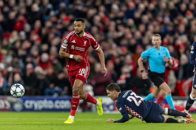 Liverpool v PSV Eindhoven Champions League 26 11 2025. Liverpool forward Cody Gakpo (18) runs forward during the Champions League match between Liverpool and PSV Eindhoven at Anfield, Liverpool, England on 26 November 2025. Editorial use only , Copyright: xManjitxNarotrax PSI-23272-0011