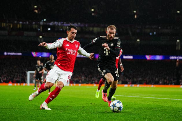 Martin Zubimendi (FC Arsenal, 36), Konrad Laimer (FC Bayern Muenchen, 27) ENG, FC Arsenal vs. FC Bayern Muenchen, Fussball, UEFA Champions League, Spieltag 5, Spielzeit 2025 2026, 26.11.2025 ENG, FC Arsenal vs. FC Bayern Muenchen, Fussball, UEFA Champions League, Spieltag 5, Spielzeit 2025 2026, 26.11.2025 London Copyright: xEibner-Pressefoto MarcelxvonxFehrnx EP_MFN