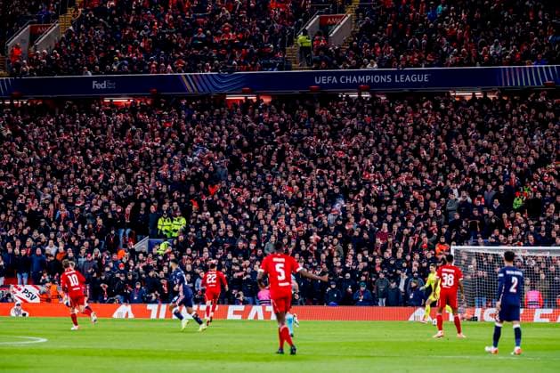 supporters of PSV Eindhoven Liverpool FC v PSV Eindhoven, UEFA Champions League 2025 26 League Phase MD5, Liverpool FC v PSV Eindhoven, Anfield, November 26, 2025, Liverpool, United Kingdom.